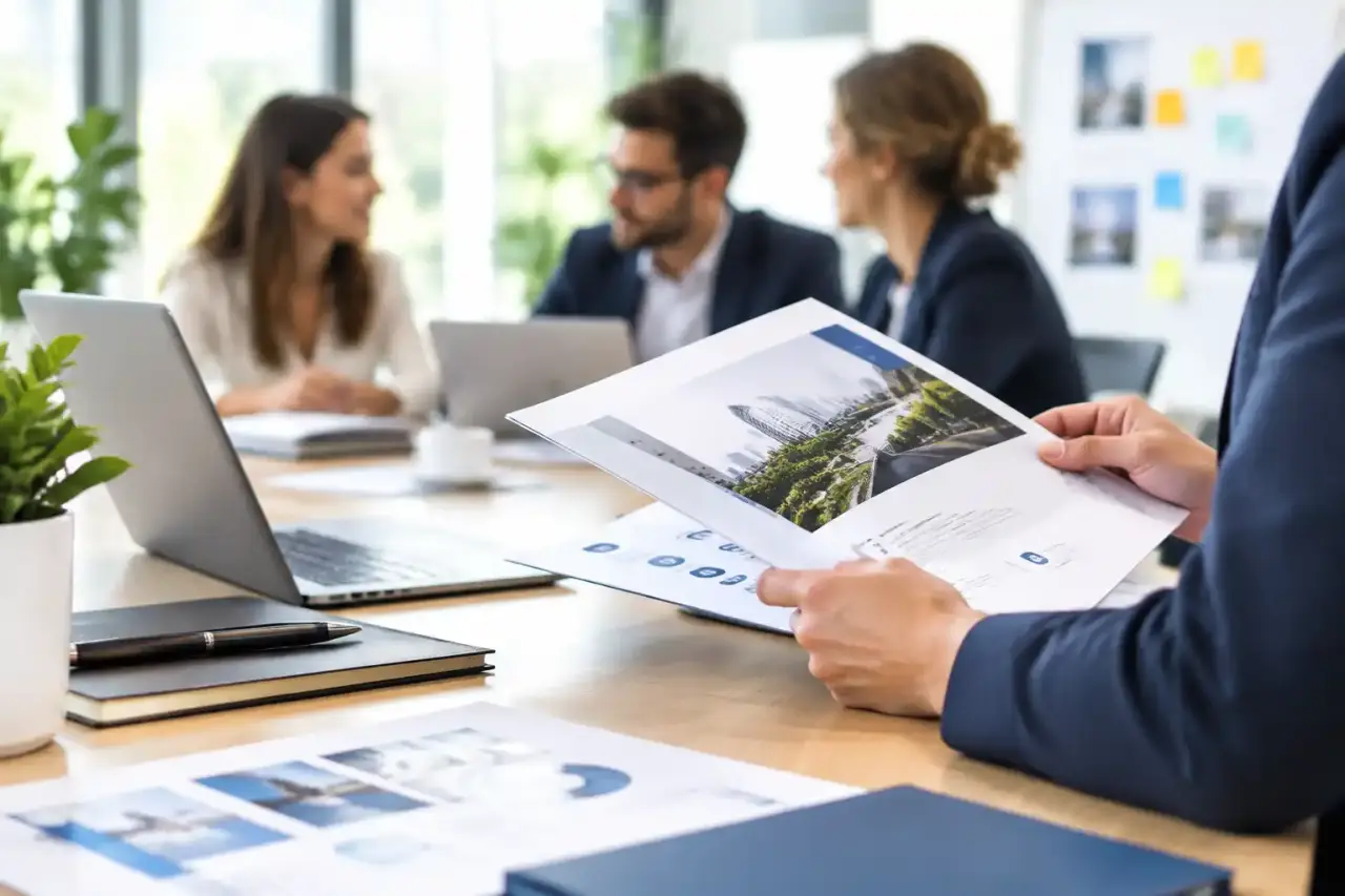 Équipe marketing analysant un dossier d’appel d’offres lors d’une réunion stratégique