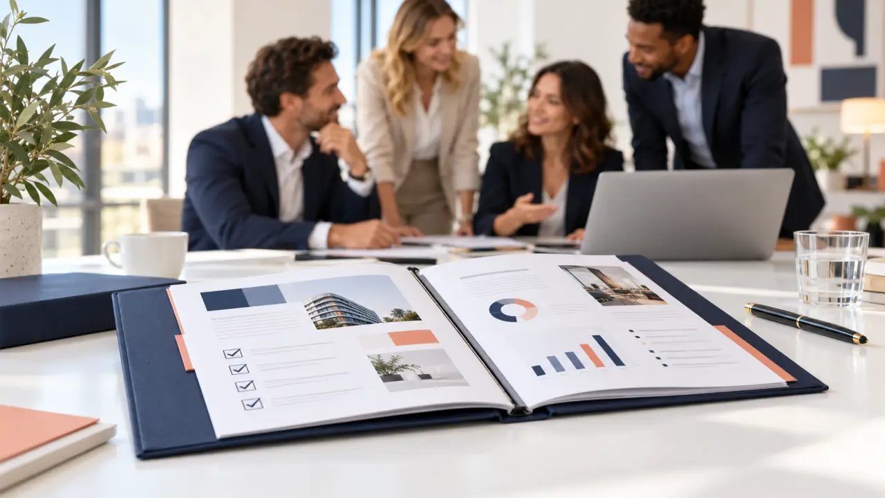 Équipe marketing préparant un dossier de réponse à appel d’offres