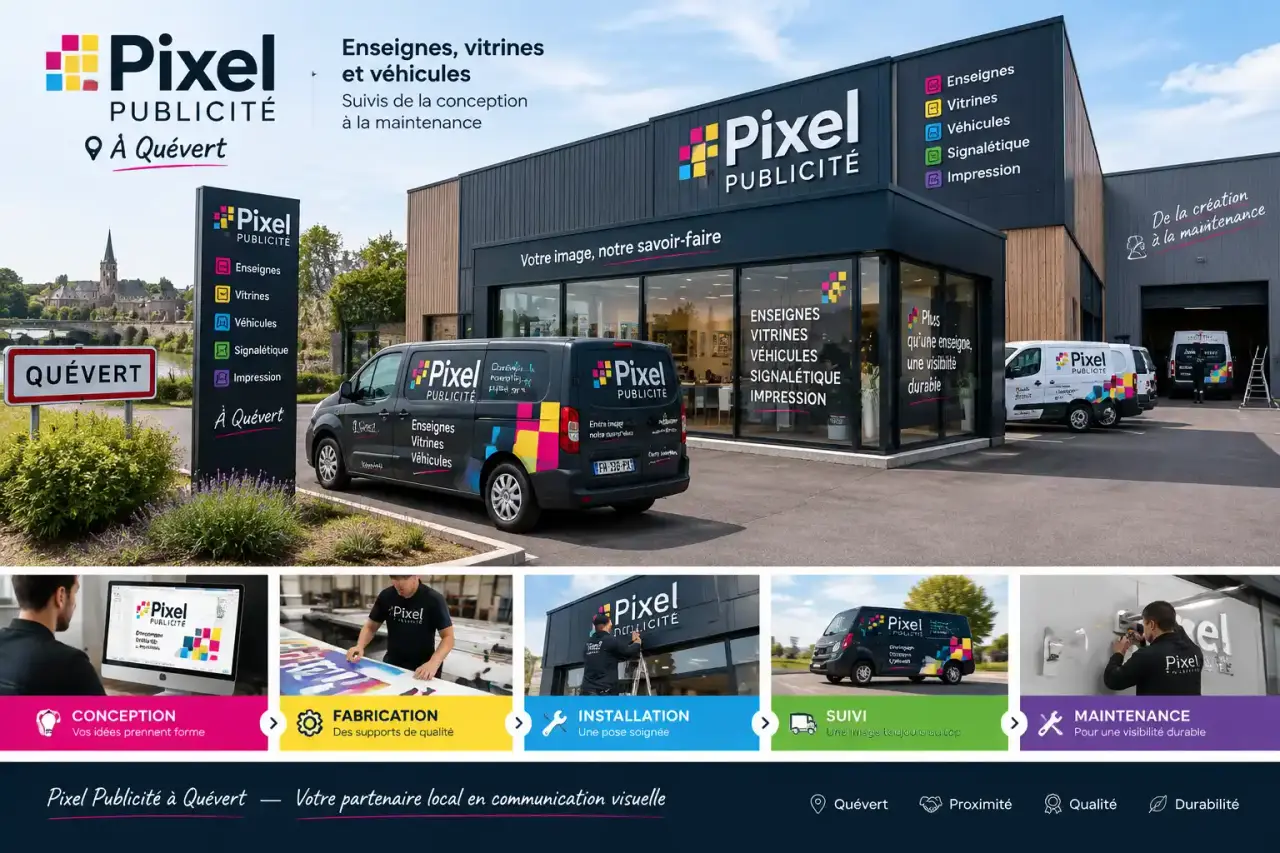 Pixel Publicité à Quévert : enseignes, vitrines et véhicules suivis de la conception à la maintenance