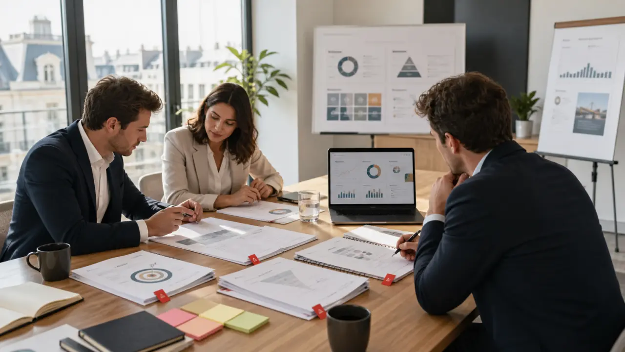 Table de réunion moderne où des stratèges marketing examinent des dossiers de présentation élégants
