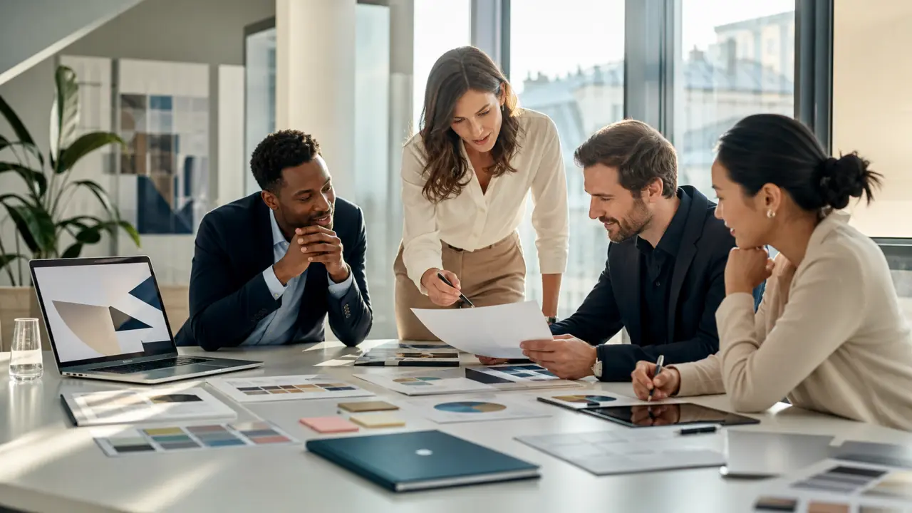 Table de réunion moderne où des stratèges marketing examinent un dossier de présentation