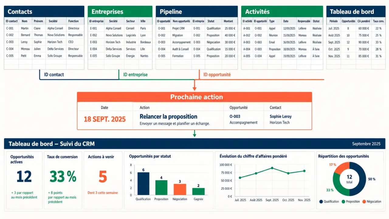 CRM Excel avec onglets Contacts, Entreprises, Pipeline, Activités et Tableau de bord